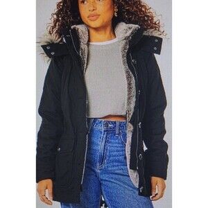 Y2K Hollister Heritage Collection Women Jacket S Faux Fur Lined Black Cinch Coat